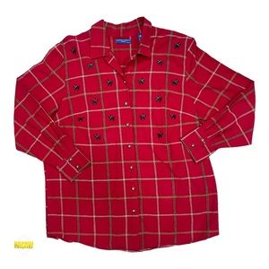 Karen Scott Sport Womens Shirt Red Checked Scottie Dog Button Down